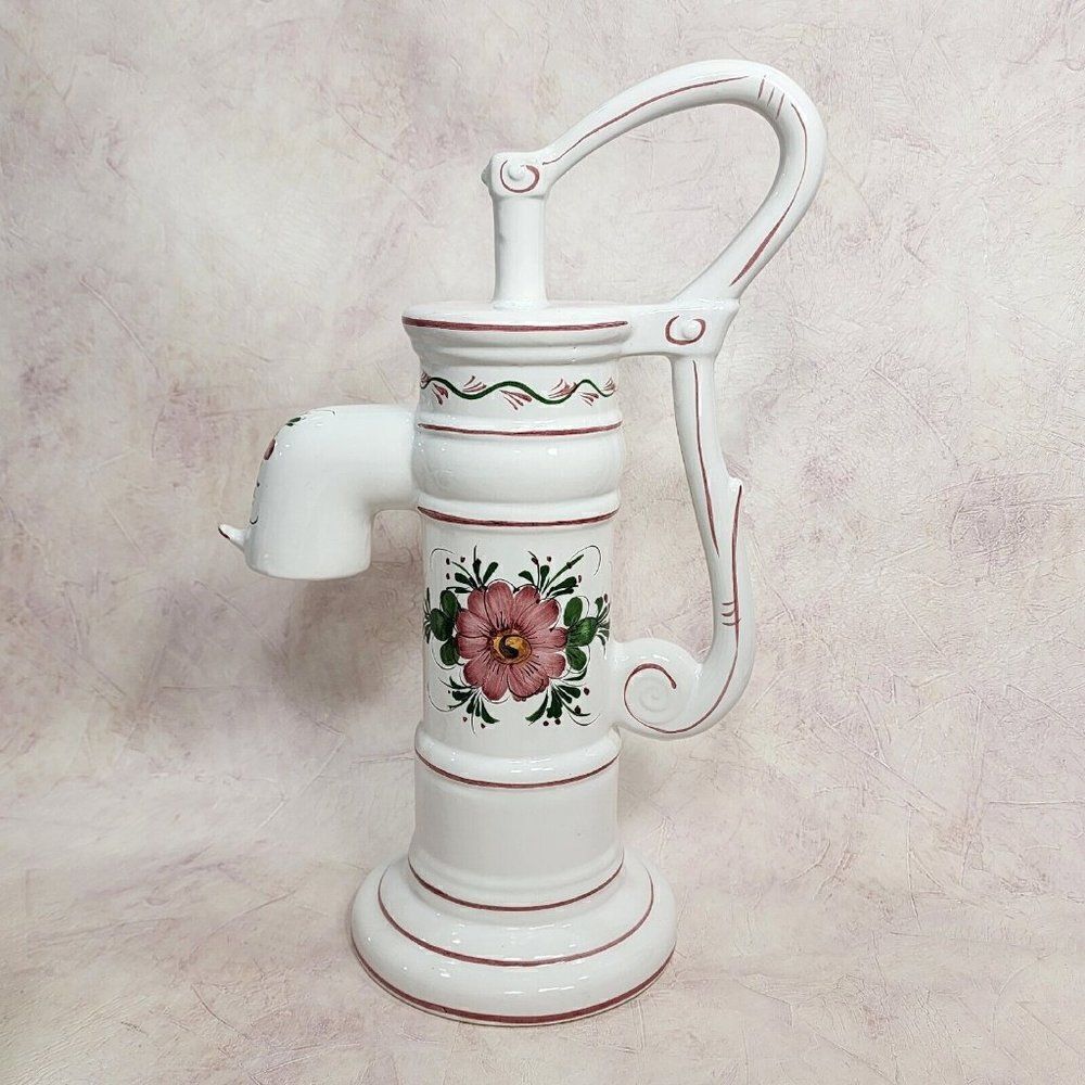 Vintage Made in Portugal 14" Floral Hand Painted Ceramic Water Pump